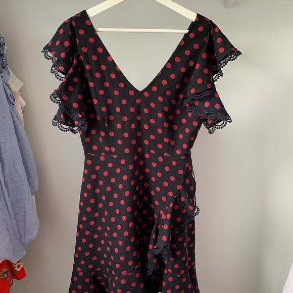 BB Dakota Dresses & Skirts - Red and navy polkadot deep V ruffle dress